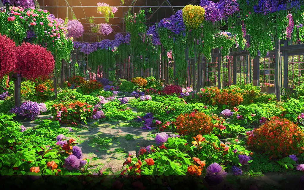 Prompt: a sprawling garden with many flowers and vines, greenhouse!, pathways, sunny day, beautiful lighting, vivid colors!, highly detailed, cinematic, octane render, 4 k, trending on artstation, deviantart featured