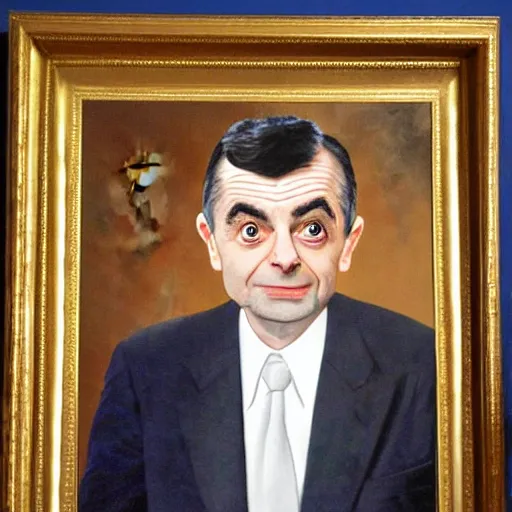Image similar to Official US president portrait of Mr Bean, white house, USA flag