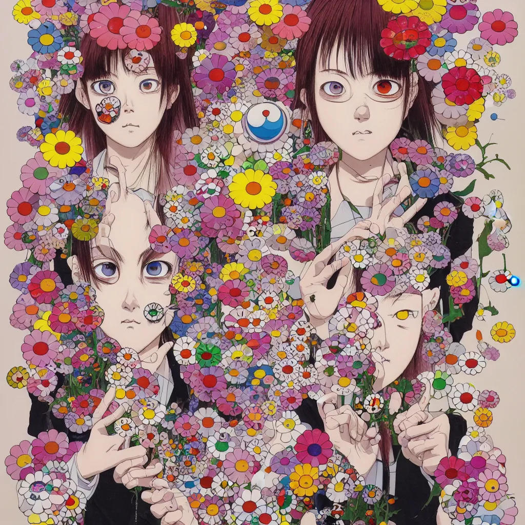 Prompt: prompt: Fragile portrait of singular persona covered with random flowers illustrated by Katsuhiro Otomo, inspired by Takashi Murakami and 1990 anime, smaller cable and cyborg parts as attributes, eyepatches, illustrative style, intricate oil painting detail, manga and anime 1990