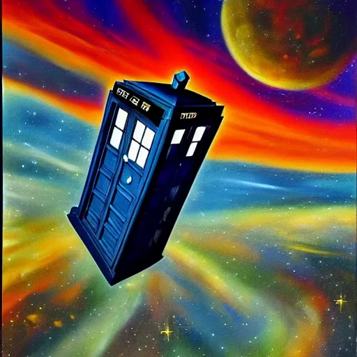 Image similar to oil painting of the tardis from dr who flying through space. beautiful. space.