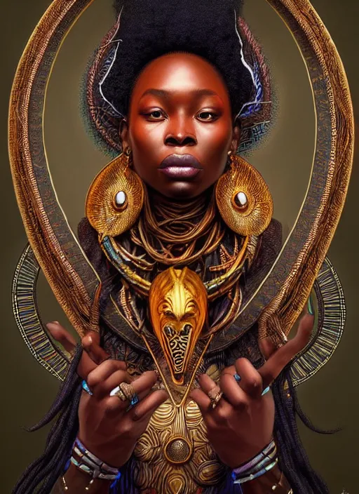 Prompt: : african shamen fantasy, fantasy magic, , intricate, sharp focus, illustration, highly detailed, digital painting, concept art, matte, Artgerm and Paul lewin and kehinde wiley, masterpiece