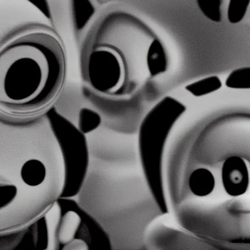 Image similar to black and white distorted Teletubbies with wide open human realistic eyes, highly detailed, sharp focus, octane render