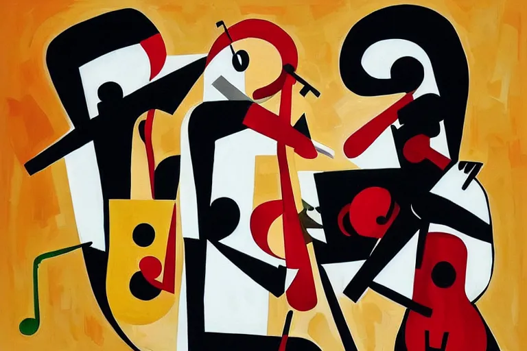 Prompt: 3 jazz musicians, head and shoulders playing with musical notes as abstract art in the style of Stuart Davis