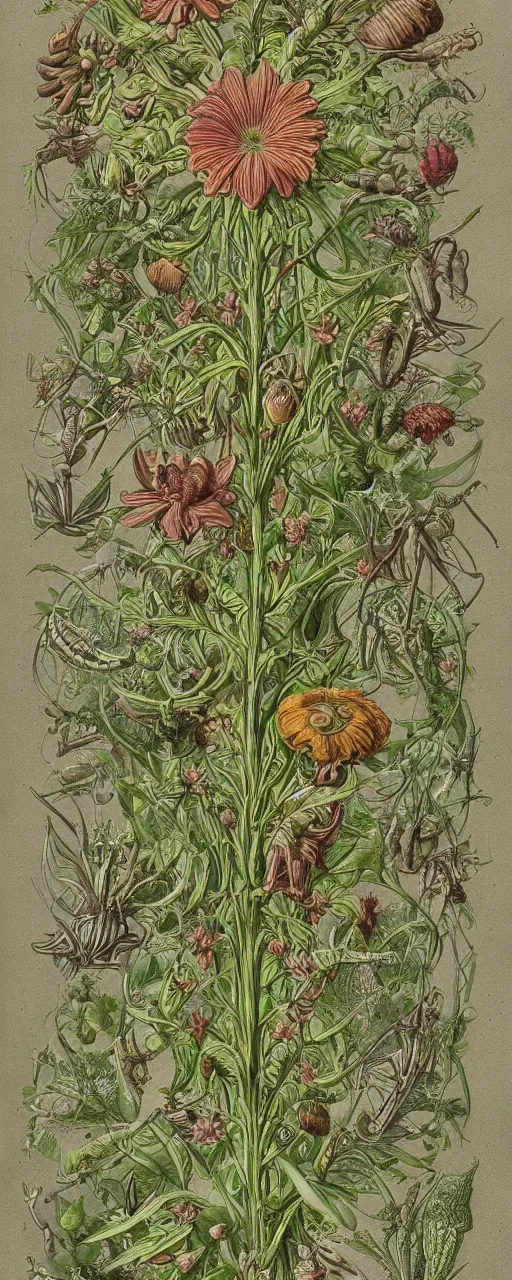 Prompt: alien insectoid plant with flower vintage botanical illustration style, made by Ernst Haeckel