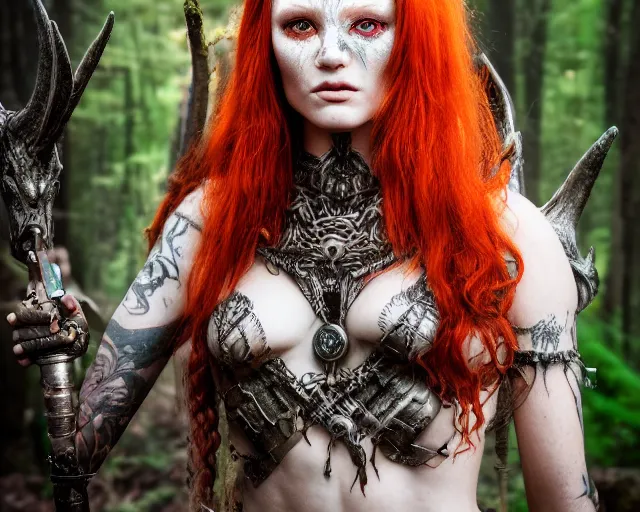 Prompt: 5 5 mm portrait photo of an armored gorgeous anesthetic redhead woman warrior with a face tattoo and horns growing from her head, in a magical forest. by luis royo. highly detailed 8 k. intricate. lifelike. soft light. nikon d 8 5 0. cinematic post - processing