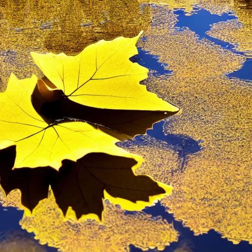 Prompt: close - up of a yellow maple leaf floating on top of a pond, with reflection