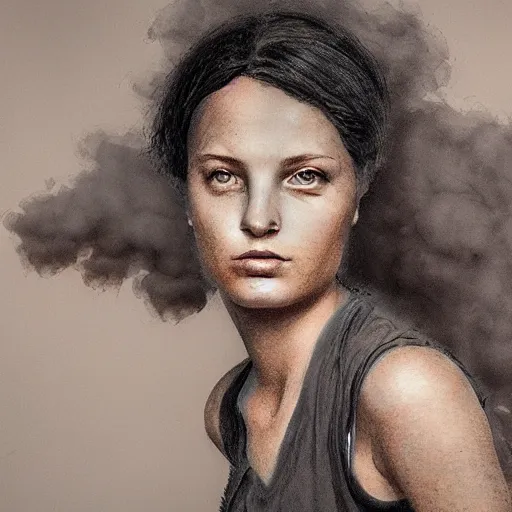 Image similar to a portrait of a beautiful young woman made of smoke and ember, high contrast, hdr, by enki bilal