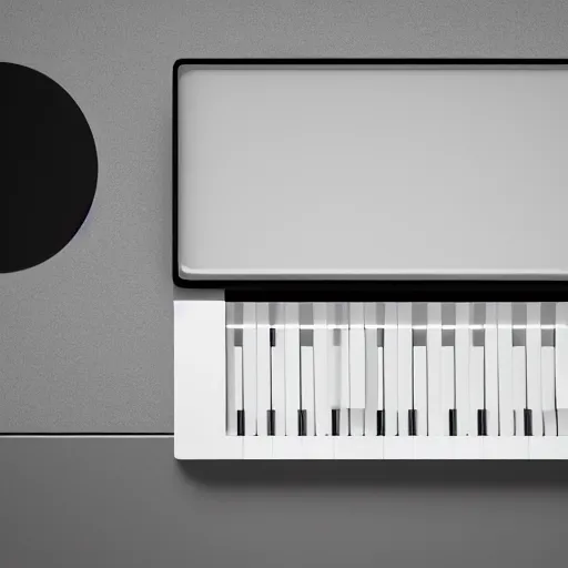 Prompt: dezeen showroom, archdaily, ignant,minimalissimo, photo of overhead angle of macbook inspired piano moog synthesizer, keyboard, mellotron, render, designed by Dieter Rams, jony ive, off white , virgil abloh, google design, classic product design, product design render, vintage synth ads, pinterest, tumblr design, 8k