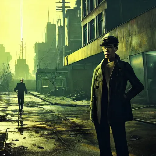 Image similar to fallout 4, charismatic david bowie, portrait, outdoors ruined cityscape, atmospheric lighting, painted, intricate, volumetric lighting, beautiful, daytime, sunny weather, slight overcast, sharp focus, deep colours, ultra detailed, by leesha hannigan, ross tran, thierry doizon, kai carpenter, ignacio fernandez rios