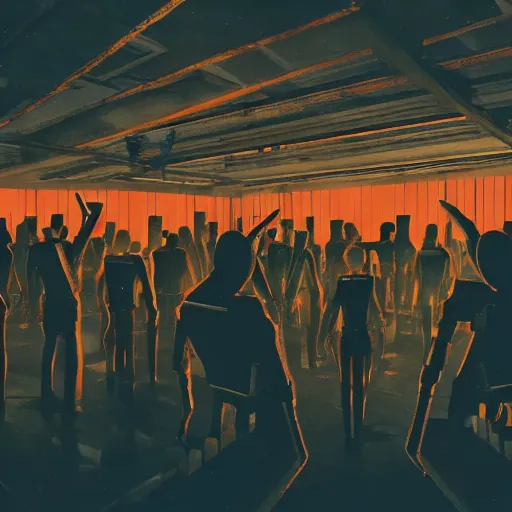 Prompt: crowd of ex machina robots dancing in a 1 8 th century room in the sky, large windows, cloudy modern city outside of big windows, cables everywhere, old furniture, cables on walls, wooden parquet, dramatic, volumetric lighting, concept art, bladerunner, depth haze, cinematic, subtle orange glow, 4 k