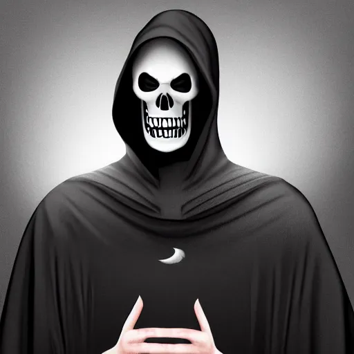 Image similar to the grim reaper pulls down his hood, showing that his head is the smiling face emoji, digital art, 4 k,