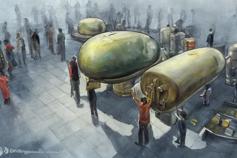 Image similar to an oil painting of a fuel tank being worshipped my millions in Dhaka city, concept art