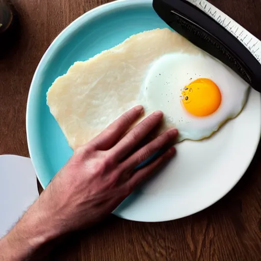 Image similar to an ultra high definition birds eye view photograph of a man typing on fried eggs