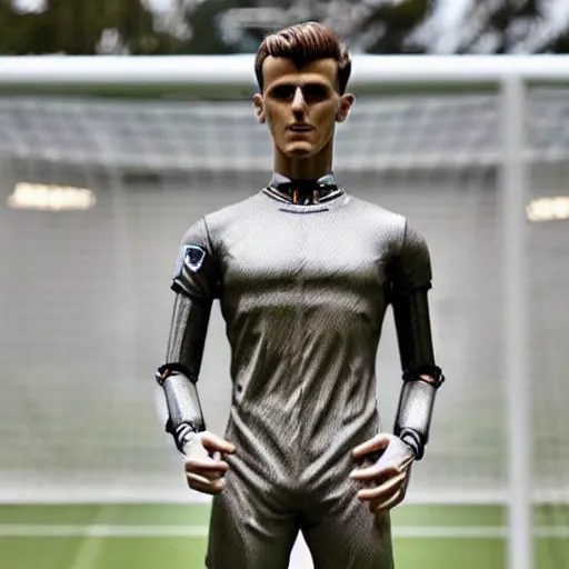 Image similar to a realistic detailed photo of a guy who is an attractive humanoid who is half robot and half humanoid, who is a male android, soccer player mason mount, shiny skin, posing like a statue, blank stare, by the pool, on display