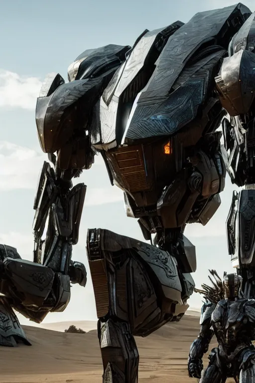 Image similar to cinematic still in westworld and dune movie and pacific rim movie and ps 5 game machine warrior 5, intricate ornate humanoid mecha warrior,