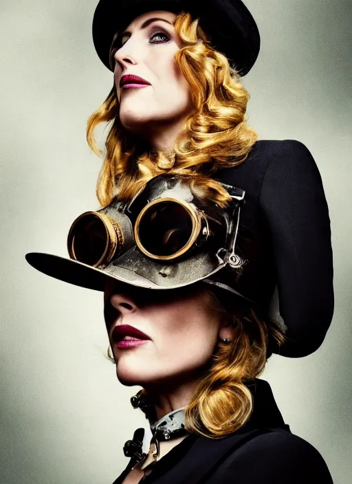 Image similar to closeup portrait of a steampunk gillian anderson wearing a top hat and goggles, depth of field, zeiss lens, detailed, symmetrical, centered, fashion photoshoot, by Annie Leibovitz and Steve McCurry, David Lazar, Jimmy Nelsson, Breathtaking, 8k resolution, extremely detailed, beautiful, establishing shot, artistic, hyperrealistic, beautiful face, octane render