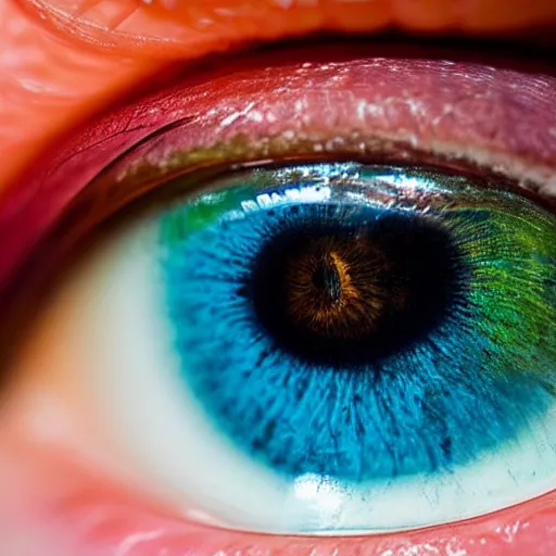 Image similar to A close up of a human eye, with the iris and pupil clearly visible, in bright colors.