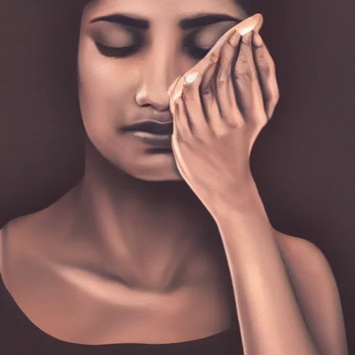 Image similar to Stunning portrait of Indian womans face with her hands covering her eyes, black ink is pouring down from her eyes, music album cover, artstation, pixivi