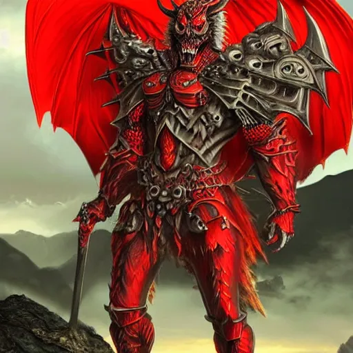 Image similar to am a man devil in armor made of iron and dragon bones, with hellish big beautiful red devil wings, height detailed body elements, against the background of mountains, ocean, battlefield