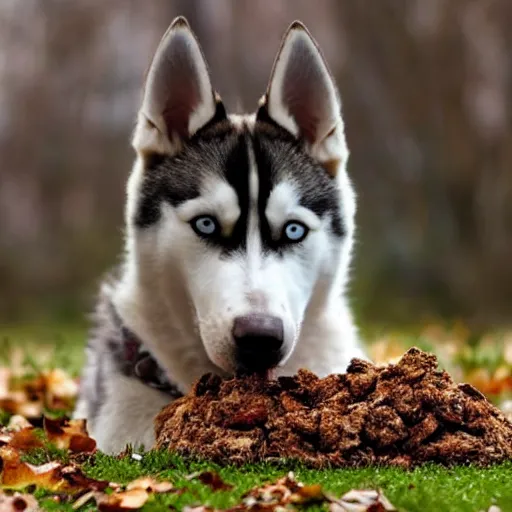 Image similar to a siberian husky eating a pile of shit