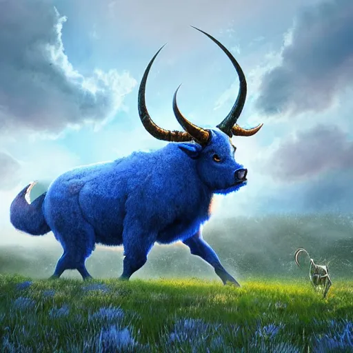 Image similar to an illustration of a giant six - legged beast bull - like head, a pair of horns thick blue fluffy fur walking across a peaceful fantasy meadow with fishes flying in the sky digital art concept art