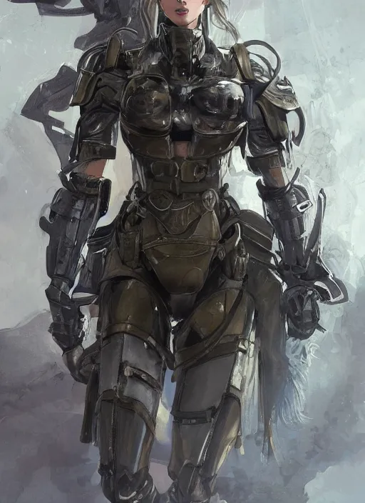 Image similar to a professionally painted full body portrait of an attractive young female, clothed in military-style battle armor, olive skin, long dark hair, beautiful bone structure, symmetrical facial features, intricate, elegant, digital painting, concept art, smooth, sharp focus, illustration, finely detailed, from Metal Gear by Ruan Jia and Mandy Jurgens and Artgerm and William-Adolphe Bouguerea