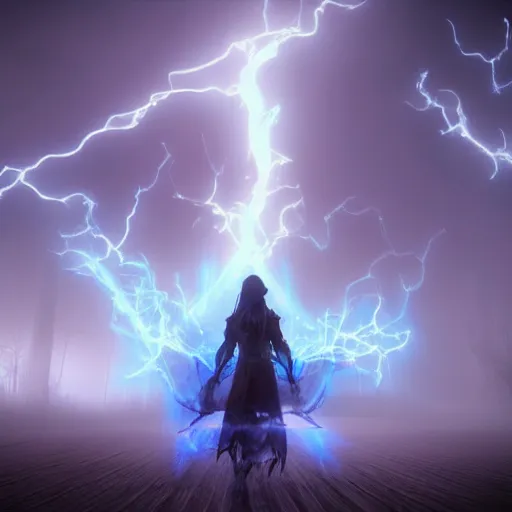 Image similar to character design, dark arcanist, blue lightning, blue mist, fog, scary, photorealistic, unreal engine