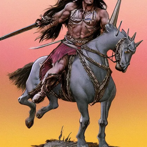 Prompt: conan the barbarian wearing pink armor and riding a unicorn