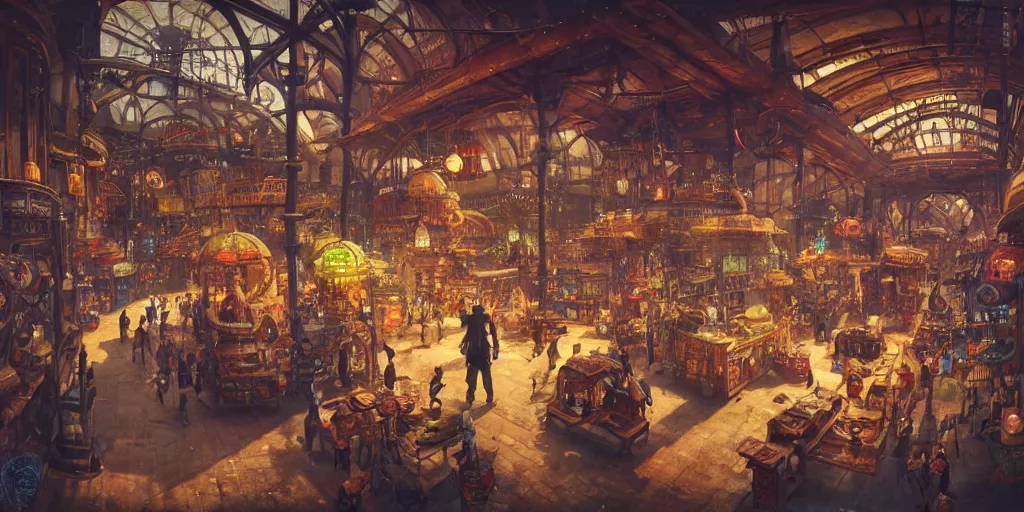 Image similar to steampunk market interior, colorful, 3 d scene, greg rutkowski, zabrocki, karlkka, jayison devadas, trending on artstation, 8 k, ultra wide angle, zenith view, pincushion lens effect