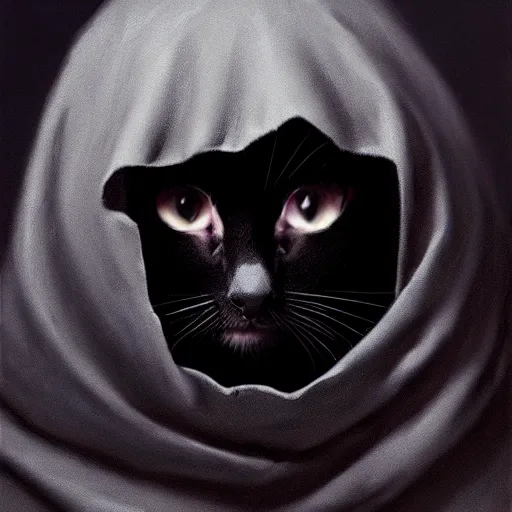 Image similar to a portrait of a kitten wearing a black hood, cloak covering face, anatomically correct, beautiful perfect face, enigmatic, oil painting, matte, black background, Volumetric dynamic lighting, Highly Detailed, Cinematic Lighting, Unreal Engine, 8k, HD, by Beksinski