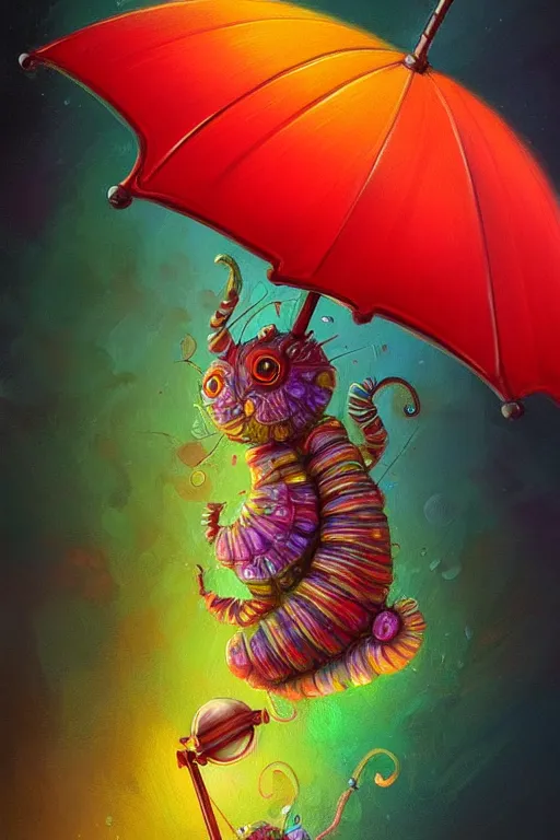 Image similar to a cute caterpillar with an umbrella, colorful, fantasy, intricate, highly detailed, digital painting, HQ, trending on artstation, illustration, style of Stanley Artgerm and Greg Rutkowski and Dan Mumford