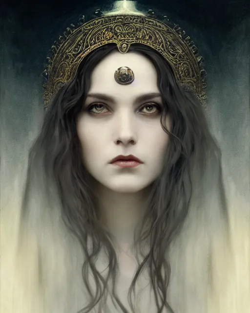 Prompt: a portrait of the Raven Queen, otherworldly beautiful, large dark eyes, dark magic, illustration, dramatic lighting, soft details, painting oil on canvas, art nouveau, octane render, HDR, 4k, 8k, HD, by Edmund Blair Leighton, Brom, Charlie Bowater, trending on artstation, Tom Bagshaw faces by otto Schmidt