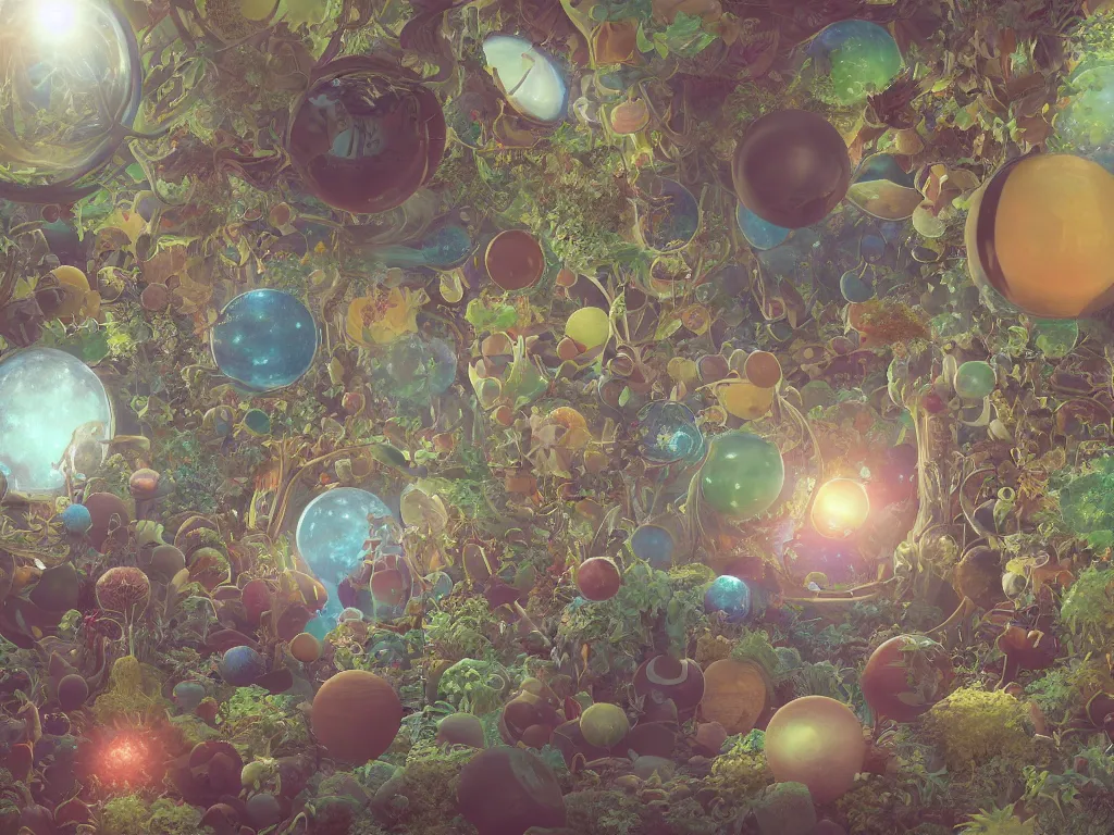 Image similar to 3 d render, sunlight study, the universe is a spheroid region 7 0 5 meters in diameter, art nouveau, by rachel ruysch and ( ( ( ( ( lisa frank ) ) ) ) ), 8 k, sharp focus, octane render