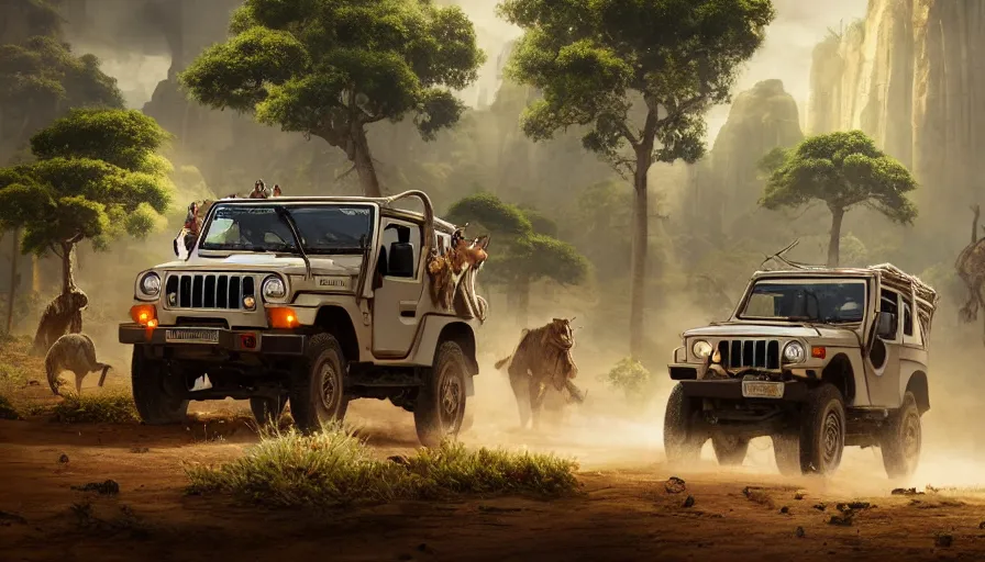 Image similar to mahindra thar driving through madagascar with baobabs trees, tribe members chasing for an attach, action scene, an epic fantasy, artgerm and greg rutkowski and alphonse mucha, an epic fantasy, volumetric light, detailed, establishing shot, an epic fantasy, cinematic, photorealistic, trending on art station, octane render, midsommar