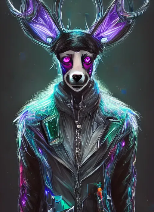 Image similar to award winning beautiful portrait commission of a male furry anthro Black Reindeer cyberpunk fursona with a tail, wings, wings, wings and a cute beautiful attractive detailed furry face wearing a crown, stylish black and rainbow galaxy clothes, outline, in a cyberpunk city at night while it rains. Character design by charlie bowater, ross tran, artgerm, and makoto shinkai, detailed, inked, western comic book art