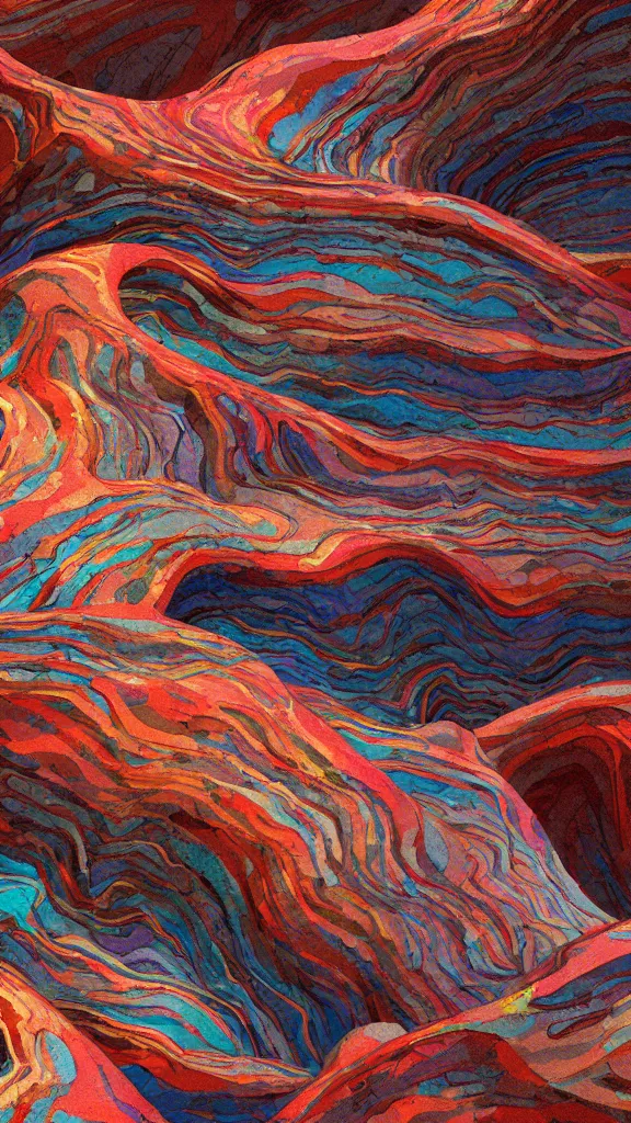 Image similar to vivid color, sedimentary schematic, organic swirling igneous rock, architectural drawing with layers of strata by James jean, geology, octane render in the style of Luis García Mozos