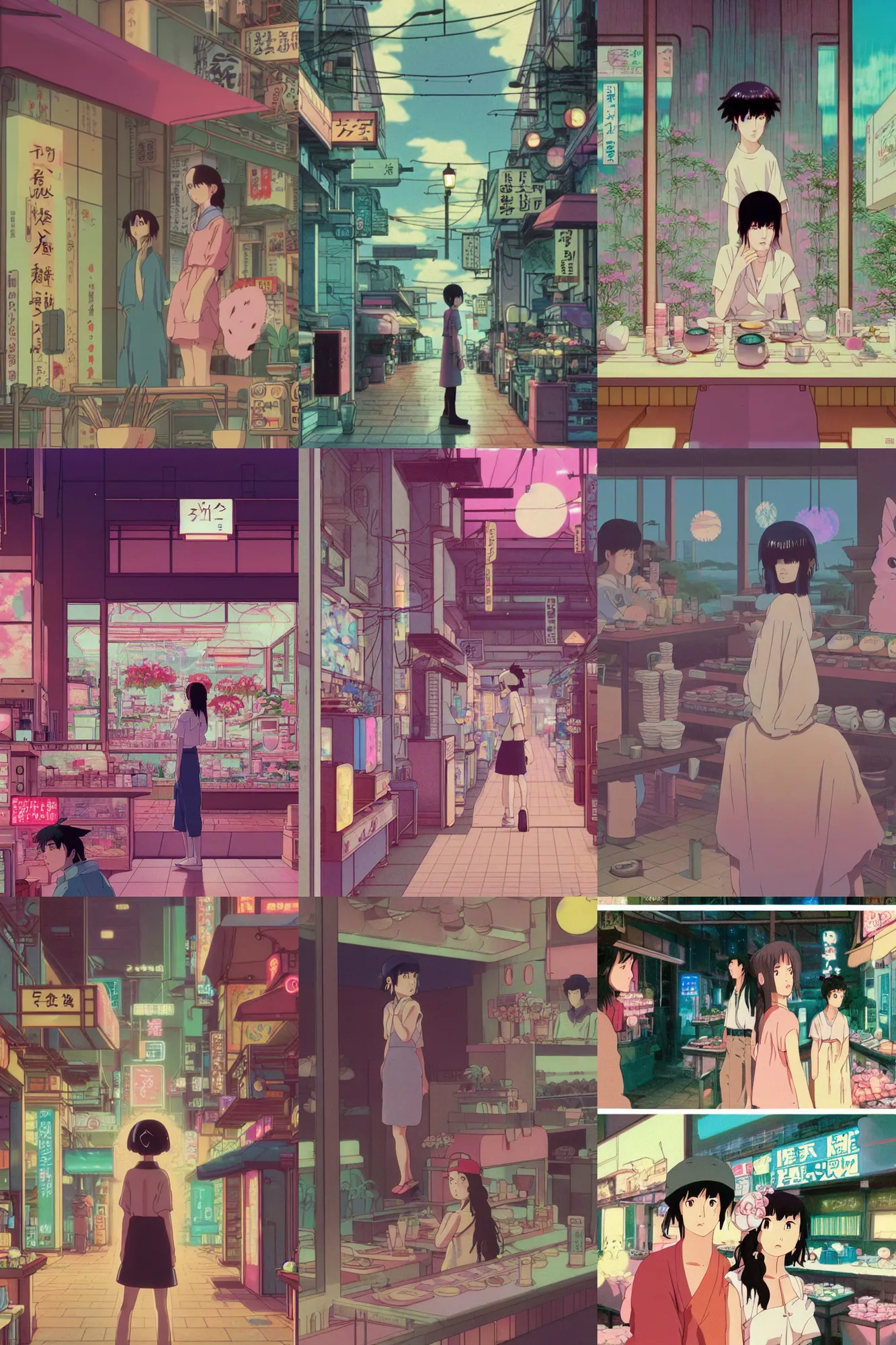 Prompt: Cinestill 50d, 8K, 35mm,J.J Abrams flare; beautiful ultra realistic vaporwave minimalistic pointé posed seinen manga Studio Ghibli mononoke at cafè(1950) film still flower shop scene, 2000s frontiers in blade runner retrofuturism fashion magazine September hyperrealism holly herndon edition, highly detailed, extreme closeup three-quarter pointé posed model portrait, tilt shift zaha hadid background, three point perspective: focus on anti-g flight suit;pointé pose;open mouth,terrified, eye contact, soft lighting