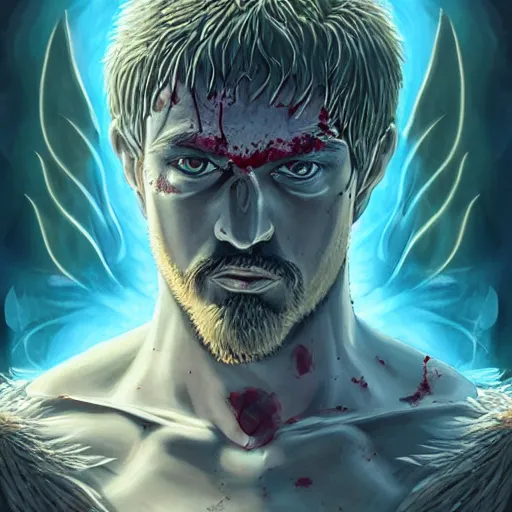 Image similar to 4K headshot portrait of godlike Wizard of Nazareth with defined arms and open hands and bloody clothes with giant mandala wings , intricate face , flawless anime cel animation by Kentaro Miura, psychedelic , highly detailed upper body , professionally post-processed , beautiful, scary, symmetry accurate features, epic, octane rendered, anime masterpiece, accurate by Craig Mullins, ilya kuvshinov, krenz cushart, epic , artgerm trending on artstation by Edward Hopper and Dan Mumford and WLOP and Rutkovsky, beksinski carl spitzweg moebius and tuomas kocar, intricate artwork by caravaggio, Unreal Engine 5, Lumen, Nanite