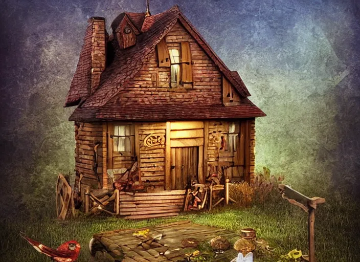 Prompt: simple folk art, house in the wood, mystical, lowbrow, matte painting, 3 - d highly detailed, in the style of ammi phillips,