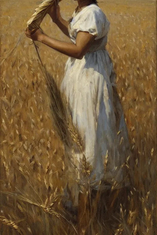 Prompt: Solomon Joseph Solomon and Richard Schmid and Jeremy Lipking painting full length portrait painting of a young woman carrying a sheaf of wheat