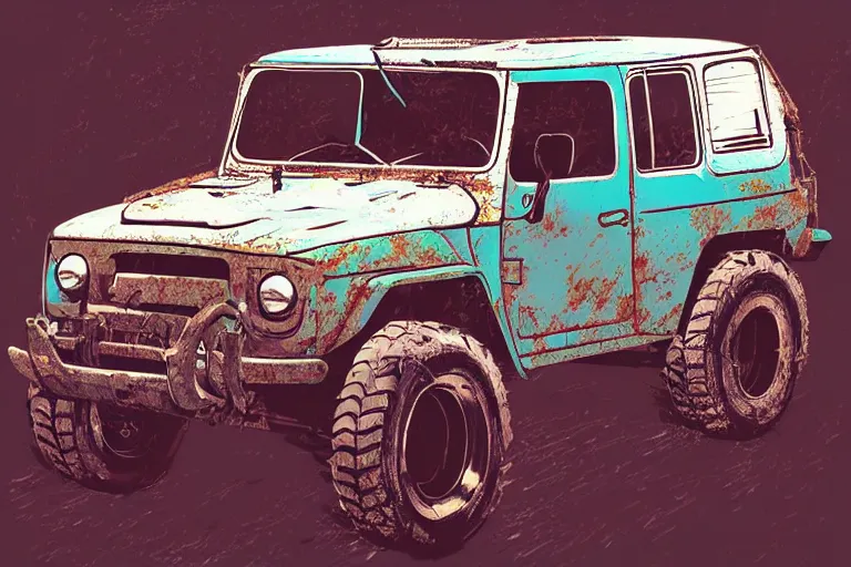 Image similar to digital illustration of a faded cyan mad max's fj 4 0 decrepit!!!! pursuit special, rusty!!! nissan fj cruiser heavily modded 1 9 9 0 s, the last v 8 interceptor by makoto shinkai, ilya kuvshinov, lois van baarle, rossdraws, basquiat