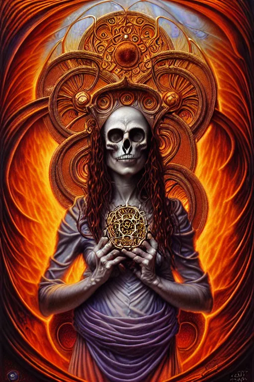 Image similar to A beautiful detailed orixa, tarot card, by tomasz alen kopera and Justin Gerard, symmetrical features, ominous, magical realism, texture, intricate, ornate, royally decorated, skull, skeleton, whirling smoke, embers, red adornements, red torn fabric, radiant colors, fantasy, trending on artstation, volumetric lighting, micro details, 3d sculpture, ray tracing, 8k, anaglyph effect