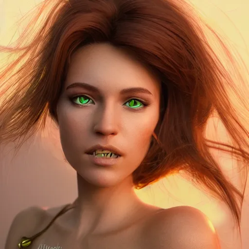 Image similar to photograph of a cute woman with bronze brown hair and vivid green eyes, golden hour, 8k, by Irakli Nadar I