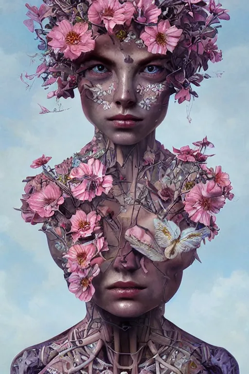 Prompt: humanoid robot, flowers growing on skin, highly detailed, expressive eyes, beautiful symmetric body, perfect proportions, highly intricate, art by tom bagshaw and alex gray