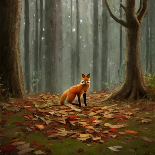 Prompt: fox standing on fallen leaves art by greg rutkowski