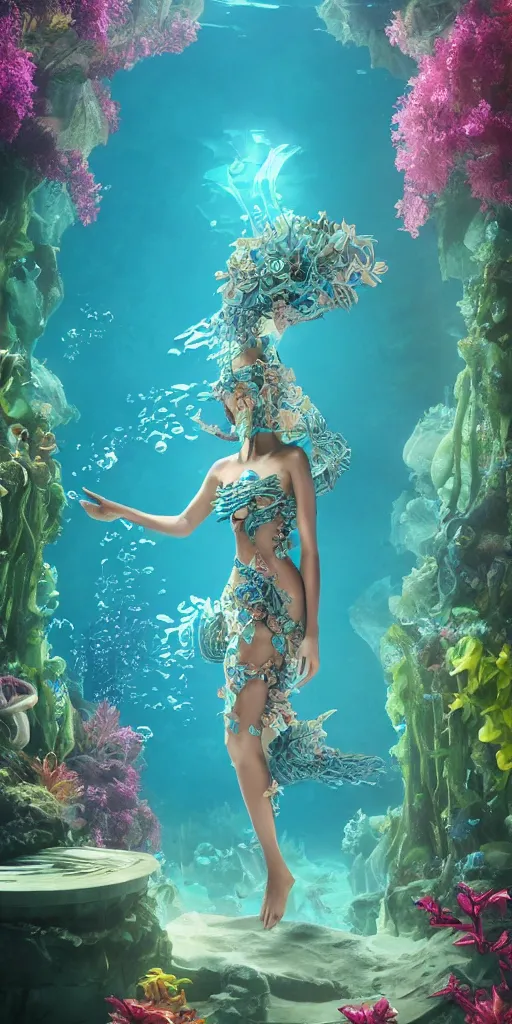 Image similar to #background a underwater city of Atlantis, anthropomorphic betta fish woman wearing a flowing couture dress made out of paper blue Bougainvillea, paper flowers, many origami betta fish, Origami coral, magestic light, 3D, very detailed, octane render, trending ArtStation, artgem