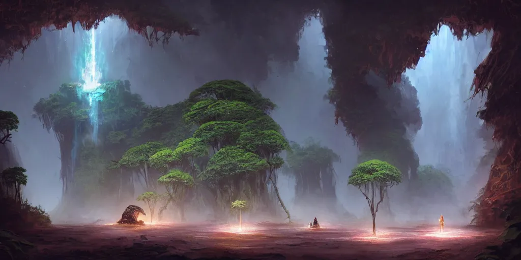 Prompt: an intricate concept art of a a human starship landing on a an open cave in middle of a rainforest amazon with alien tribe huts, large alien trees and wild glowing plants, gloomy, sci - fi art, star wars inspired, cinematic lighting, artstation, art by tony sart,