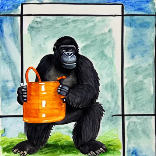 Prompt: a gorilla dressed as an electrician drinking a jug of moonshine in minecraft, watercolors by 5 year old, vintage