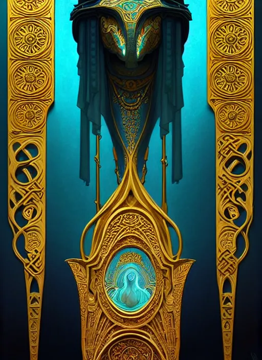 Image similar to ornate sacred sarcophagus, art nouveau hieroglyphics, cyan and gold palette, symmetry, fantasy, intricate, elegant, highly detailed, colorful, dark colors, dramatic shadow, digital painting, artstation, concept art, art by artgerm and greg rutkowski and ruan jia,