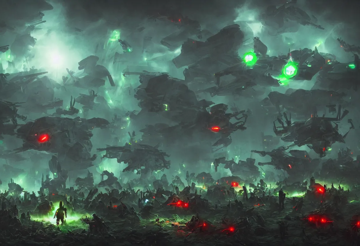 Prompt: eerie space invaders with red demonic eyes marching through green and blue flames, colorfully ominous background, minimalism, hyper realism, matte painting, realistic, dramatic lighting, octane render, highly detailed, cinematic lighting, cinematic, art by rutkowski and frazetta and rembrandt